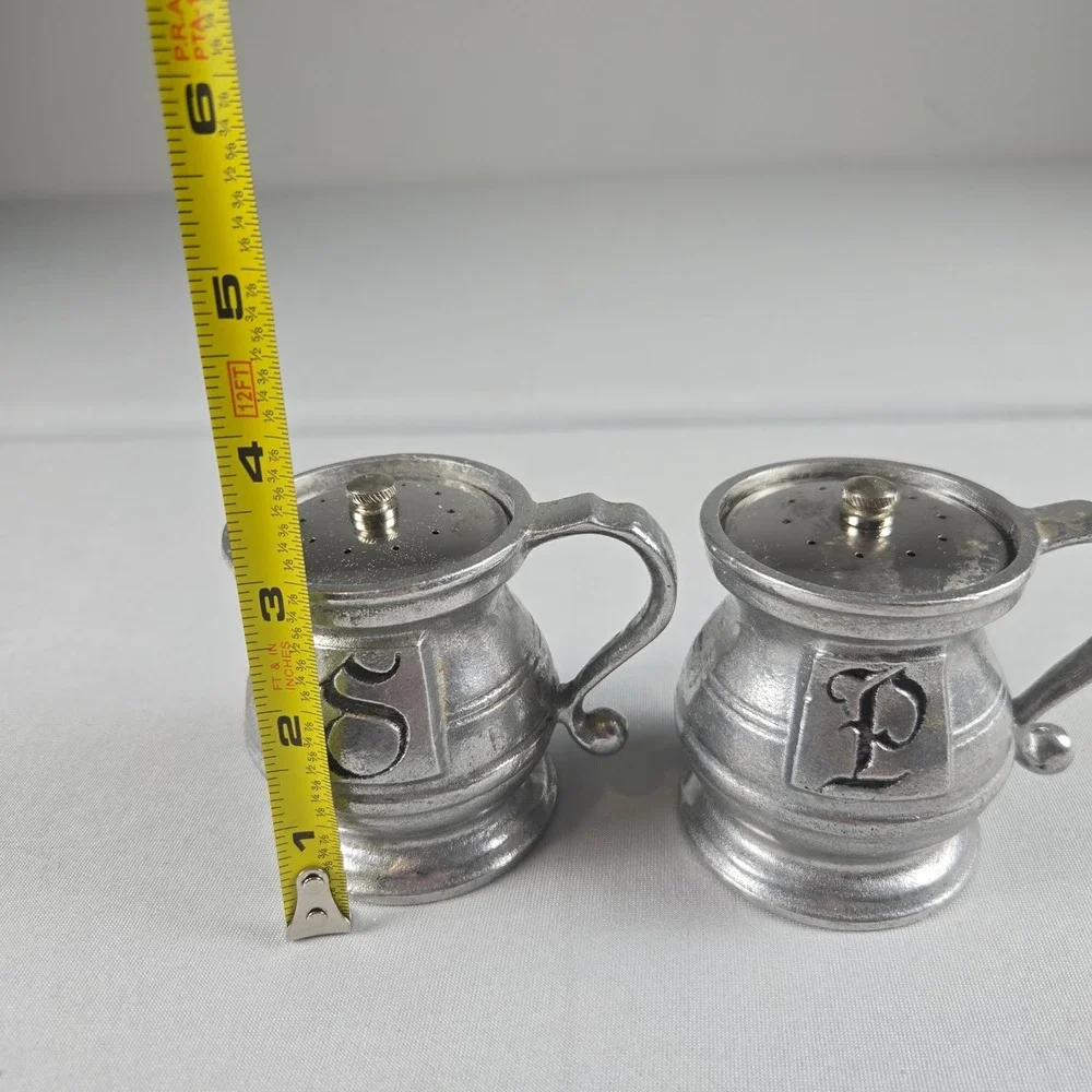 Vintage Wilton Armetale Pewter Salt & Pepper Shakers Mug Shape Monogram S P